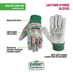 Product feature graphic showing floral leather-hybrid gloves with callouts for elastic wrist and cowhide leather palm