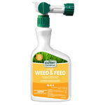 White spray bottle of Expert Gardener Liquid Weed & Feed with orange label and green nozzle