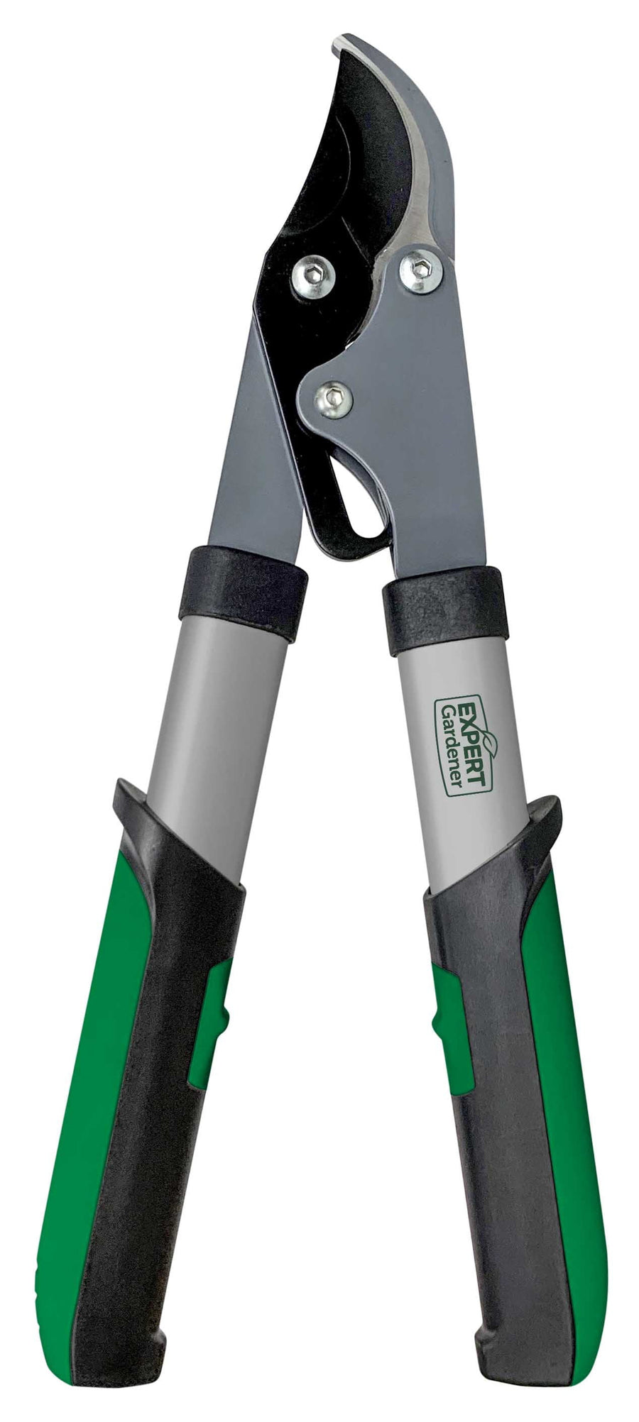 Close-up of Expert Gardener lopper head and ergonomic green-and-black handles against a white background.