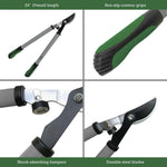 Four-panel product detail collage of Expert Gardener lopper showing handles, blades and bumpers