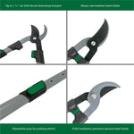 Four close-up detail shots of lopper blade, handle release button and cutting head on white background