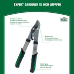 Product infographic of Expert Gardener 15-inch lopper with callouts highlighting compound action, roller hook and grip.