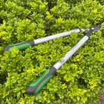 Expert Gardener lopper resting on low green shrubbery showing aluminum handles and green grips