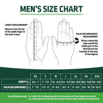 Men's size chart graphic showing hand measurements and a size table for Expert Gardener gloves