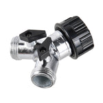 Angled view of a chrome-plated two-way hose connector with black plastic swivel and two small black shut-off levers.