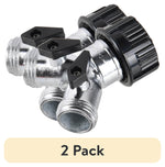 Close-up of a metal 2-way Y hose splitter with black plastic shut-off knobs and a beige label reading '2 Pack' below.