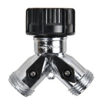 Front-facing metal Y hose splitter showing the two threaded outlets and a black ridged plastic hose adapter on top.