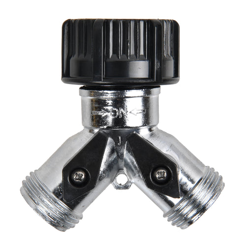Front-facing metal Y hose splitter showing the two threaded outlets and a black ridged plastic hose adapter on top.