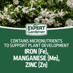 Expert Gardener branded panel over photo of white gardenia-style blooms with text listing micronutrients iron, manganese and zinc