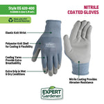 Feature infographic of Expert Gardener nitrile coated gloves with callouts for grip, wrist and breathable shell