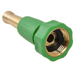 Detail view of threaded green connector and brass nozzle body showing interior rubber washer