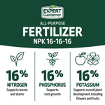 Green and white infographic showing Expert Gardener all-purpose fertilizer NPK 16-16-16 with icons and labeled 16% nitrogen, phosphorus, potassium.