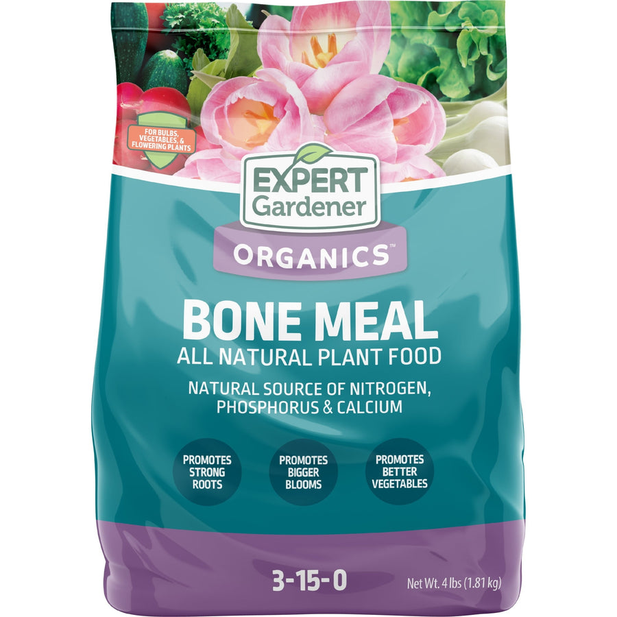 Front of Expert Gardener Organics bone meal bag showing product name, teal packaging and 3-15-0 analysis