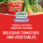 Expert Gardener Organics graphic with produce image and headline ‘Delicious Tomatoes and Vegetables’