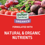 Red product panel showing Expert Gardener Organics logo and text about natural & organic nutrients