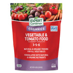 Front of Expert Gardener Organics Vegetable & Tomato Food red pouch with produce photo