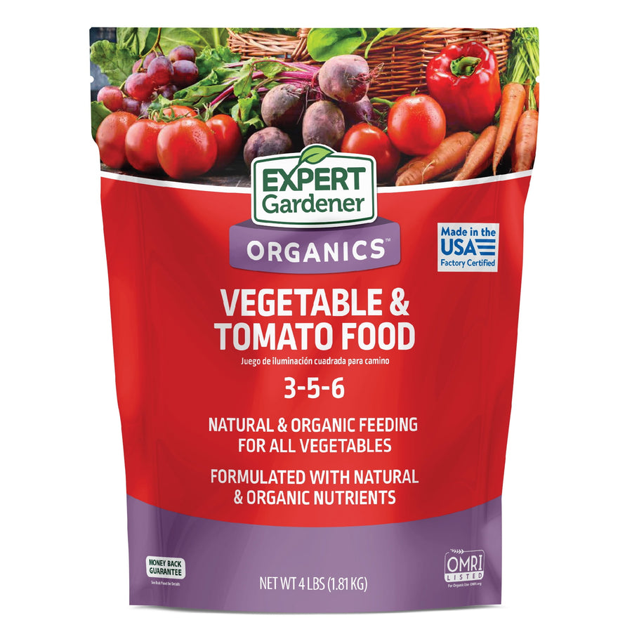 Front of Expert Gardener Organics Vegetable & Tomato Food red pouch with produce photo