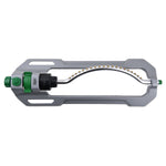 Top-down view of a rectangular gray oscillating sprinkler with arched metal spray bar and brass nozzles.