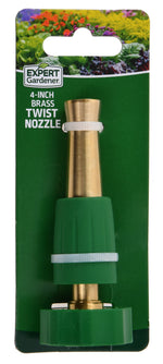 Expert Gardener branded retail card showing a 4-inch brass twist nozzle in blister packaging