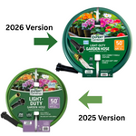 Comparison graphic showing 2026 and 2025 versions of Expert Gardener light-duty garden hose packaging with arrows
