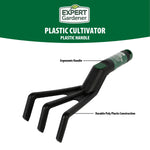 Angled product shot of Expert Gardener plastic cultivator with infographic labels highlighting ergonomic handle and durable poly construction.