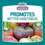Label graphic reading 'Promotes Better Vegetables' with close-up photo of beets, carrots and other root vegetables