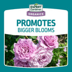 Expert Gardener branding panel reading 'Promotes Bigger Blooms' with a photo of pink roses