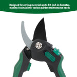 Close-up graphic of Expert Gardener pruner blades and grips with text stating suitability for cutting up to 3/4-inch diameter.