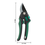 Studio image of Expert Gardener bypass pruner with measurement annotations showing overall length and handle width.