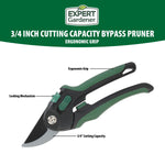 Expert Gardener product graphic with pruner photo and labeled callouts highlighting ergonomic grip and 3/4" cutting capacity.