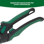 Cropped studio image showing the ergonomic green-and-black handles of an Expert Gardener bypass pruner against white.