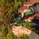 Hands holding Expert Gardener green-and-black bypass pruner while trimming a small evergreen branch outdoors.