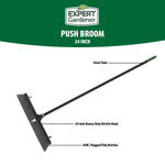 Graphic product board showing Expert Gardener logo and angled push broom with labeled features