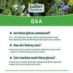 Q&A panel with Expert Gardener logo and text answering questions about waterproofing, sizing and washing the gloves