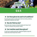 Q&A panel with Expert Gardener logo and answers about glove use, sizing and care instructions