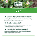 Q&A panel with Expert Gardener logo and text answering common questions about glove use, sizing, and washing