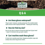Q&A panel for Expert Gardener gloves answering common questions about waterproofing, sizing, and washing with brand logo at top.