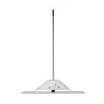 Rear view of Expert Gardener landscaping rake showing the back of the aluminum head and handle with packaging stickers