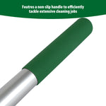 Close-up of the Expert Gardener rake's green non-slip handle grip and aluminum shaft against a white background