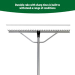 Close-up front view of the Expert Gardener rake head and support braces with toothed aluminum edge shown on white background