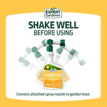 Instructional graphic showing Expert Gardener bottle in multiple tilt positions with 'Shake well before using' text