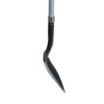 Close-up of shovel shaft and curved neck leading to a pointed metal blade, isolated on white background