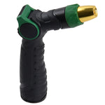 Side-angle view of black Expert Gardener thumb-control watering nozzle showing textured grip and gold tip