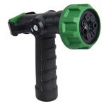 Side view of a black fireman-style garden hose nozzle with a green multi-pattern head