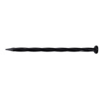 Single black twisted nylon garden anchor spike shown horizontally on a white background.