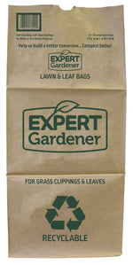 Single unfolded Expert Gardener brown paper lawn & leaf bag with large logo, recyclable mark and product text.
