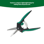 Studio white-background image of Expert Gardener snips with caption about compact lightweight design