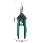 Top-down measurement image of green-and-black snips with height and width dimensions indicated