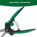 Close studio shot highlighting the ergonomic green handles and spring mechanism of garden snips