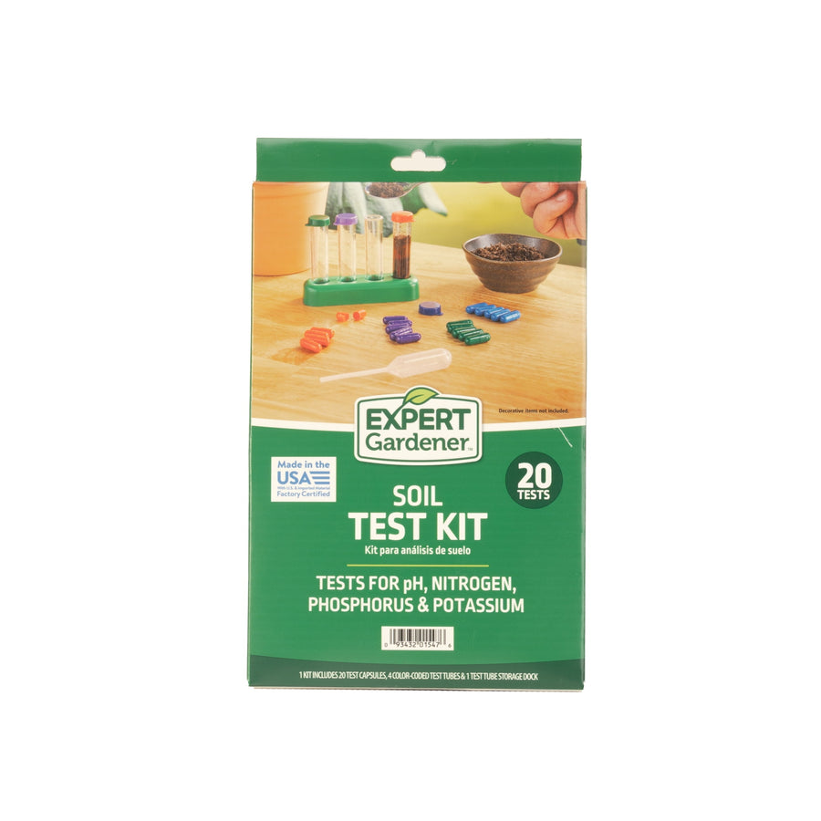 Front-facing retail box of Expert Gardener Soil Test Kit showing test tubes and capsules